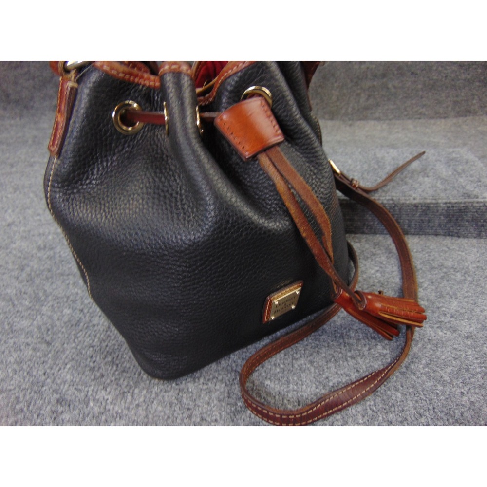 Dooney & Bourke Bucket Bag Black Brown Pebbled Leather Drawstring Tassel Vintage